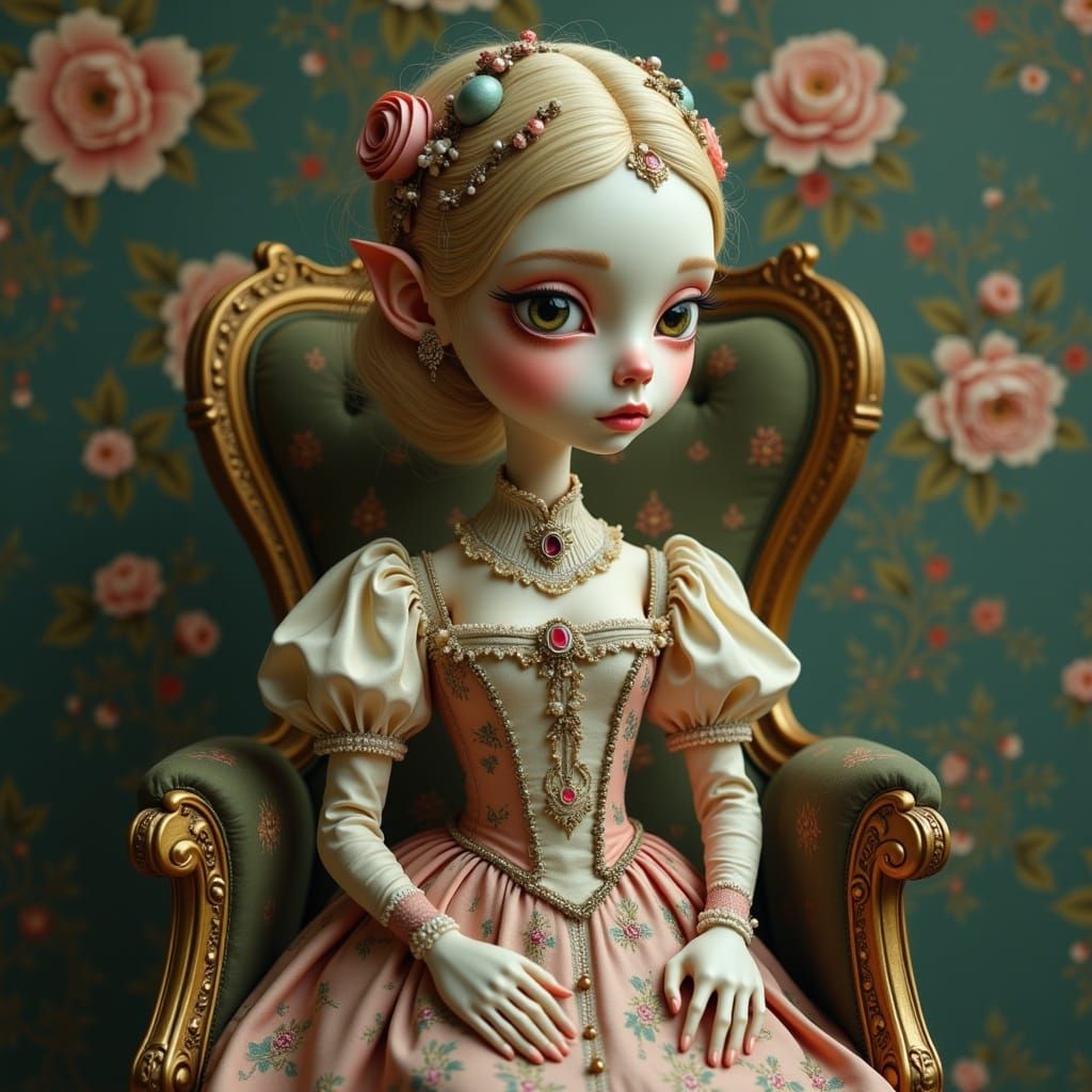 Surreal Edwardian Woman in Baroque Whimsy with Floral and Ro...