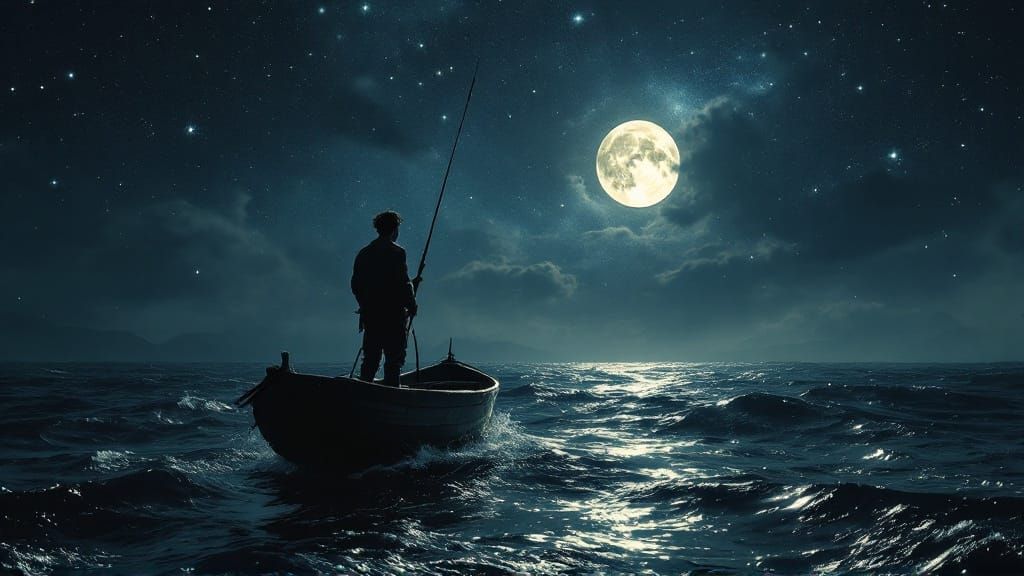 Epic Night Fishing Scene in Dark Fantasy Style