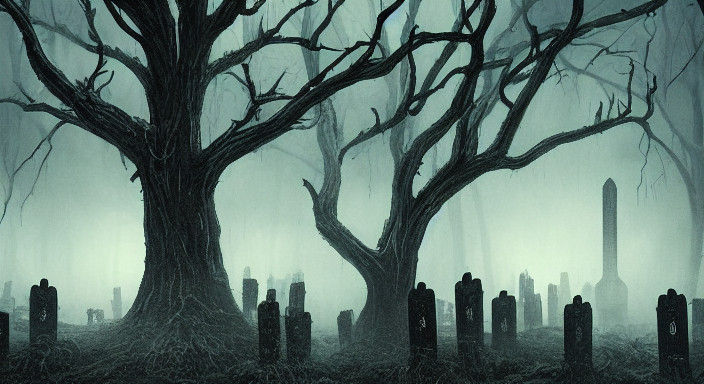 Dark Gothic Figure Stands in Misty Macabre Graveyard