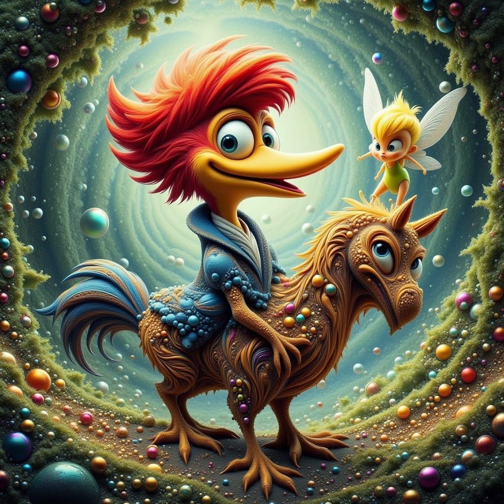 Woody Woodpecker Rides with Tinkerbell in a Whimsical Forest