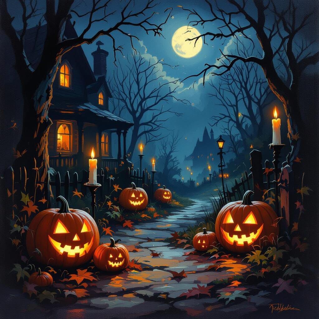 Halloween Scene in Expressive Oil Painting Style