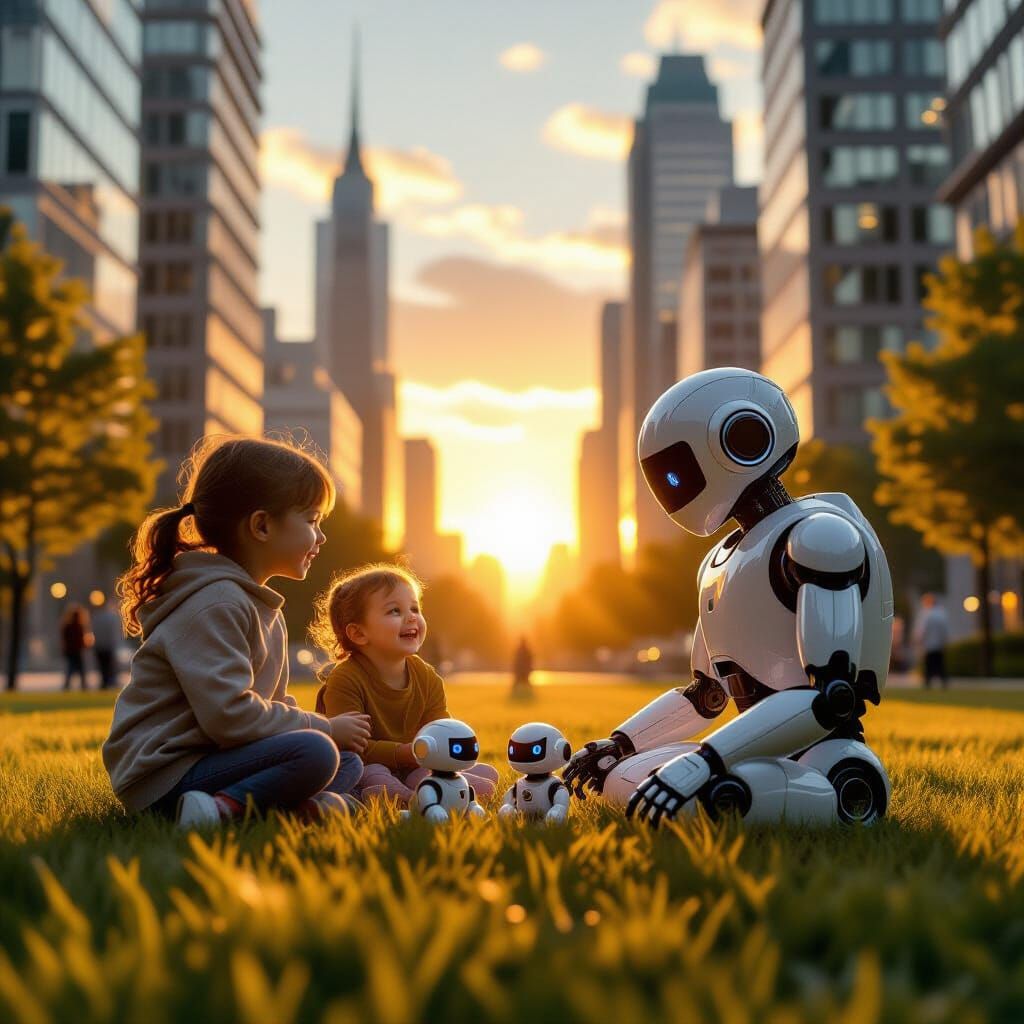 Humans and Robots Coexist in Futuristic Cityscape