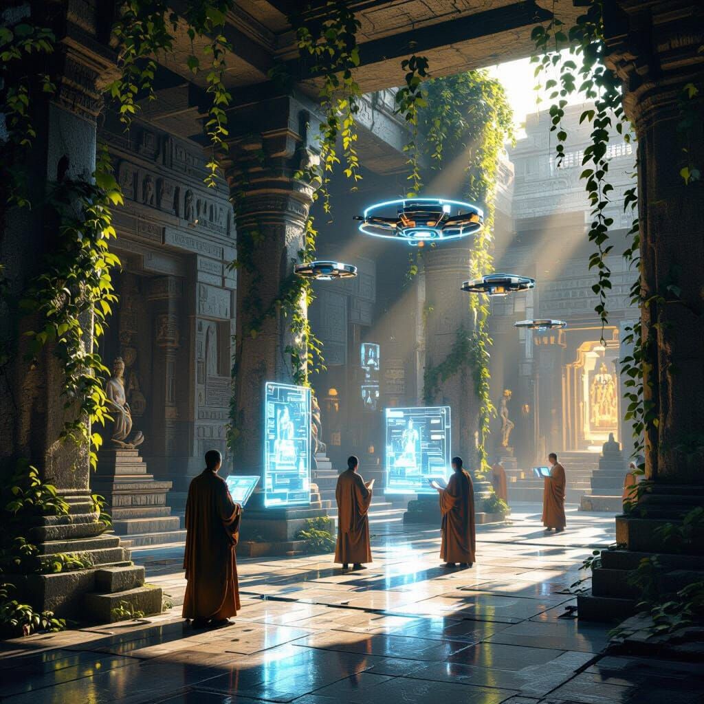 Ancient Temple Meets Futuristic Tech in Cinematic Scene