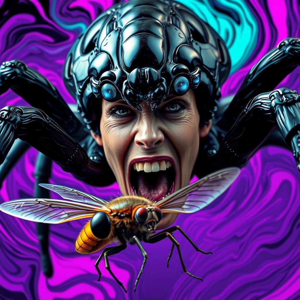 Gothic Spider Goddess Consumes Terrified Fly in Iridescent H...