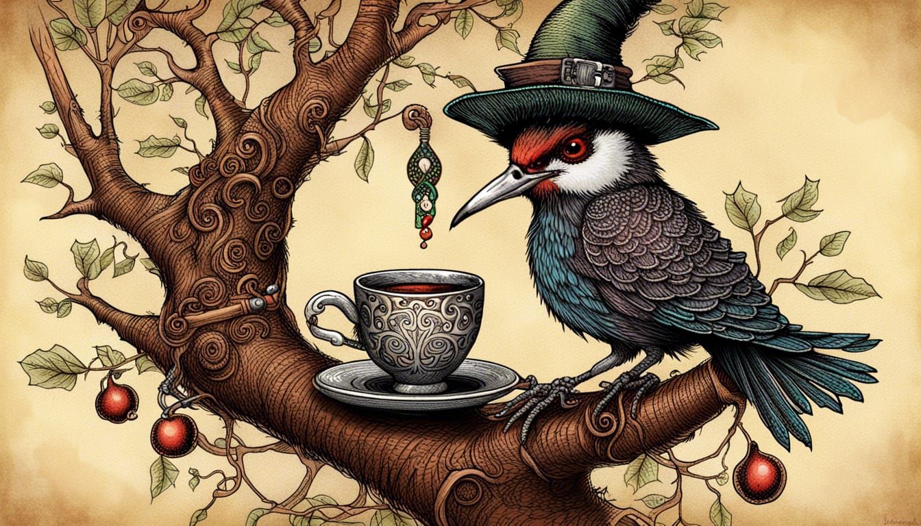 Steampunk Witch Bird Familiar in Celtic Knotwork