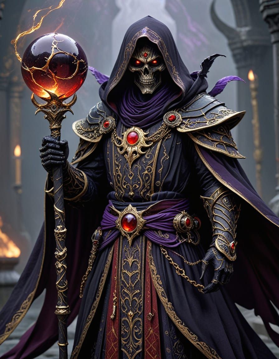 Lord Ainz in Dark Fantasy Regalia, Holding the Staff of Powe...