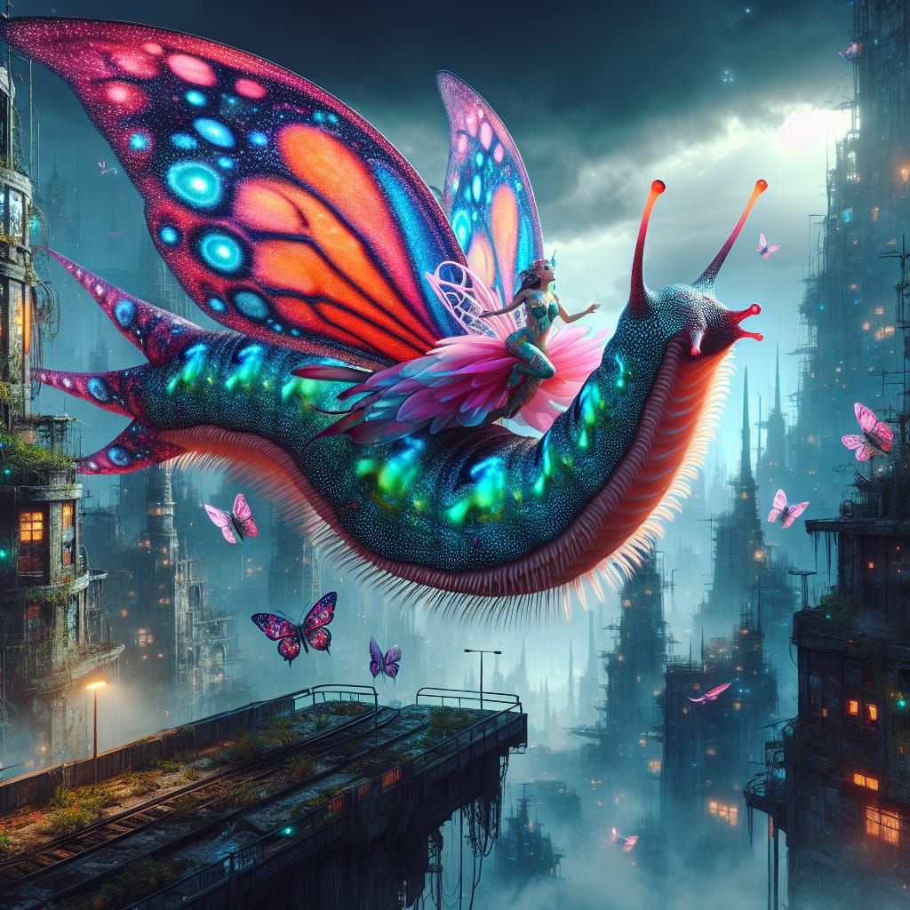 Fairy Rides Surreal Slug-Butterfly in Dystopian Sky