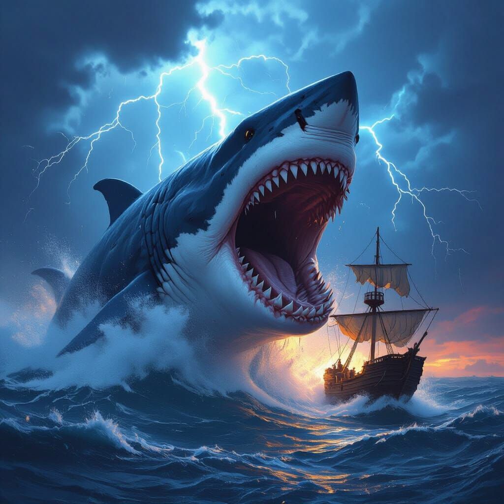 Megalodon Devours Pirate Ship Under Lightning Sky