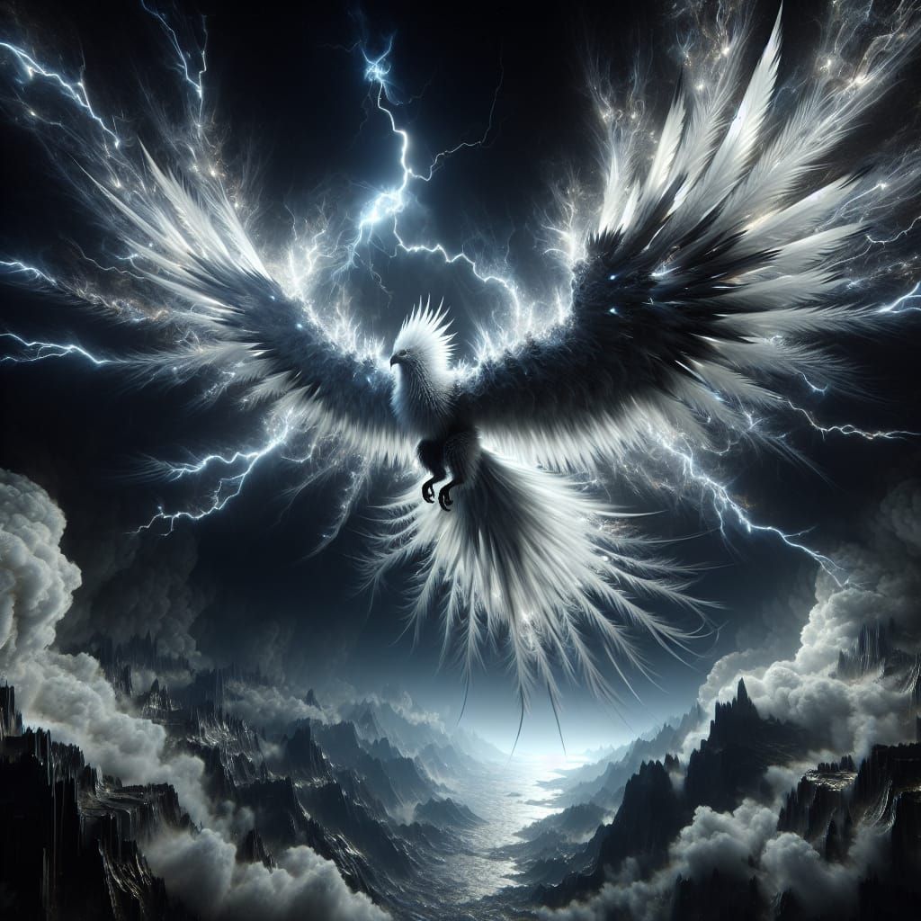 An epic storm bird with feathers like lightning and fog, soaring over a dark landscape. Crafted meticulously with a flai...