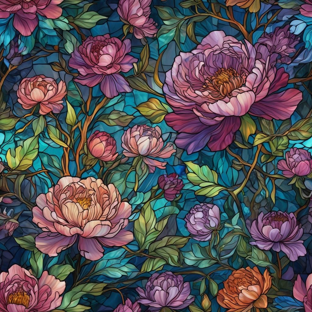 Rainbow Peonies in Stained Glass Style