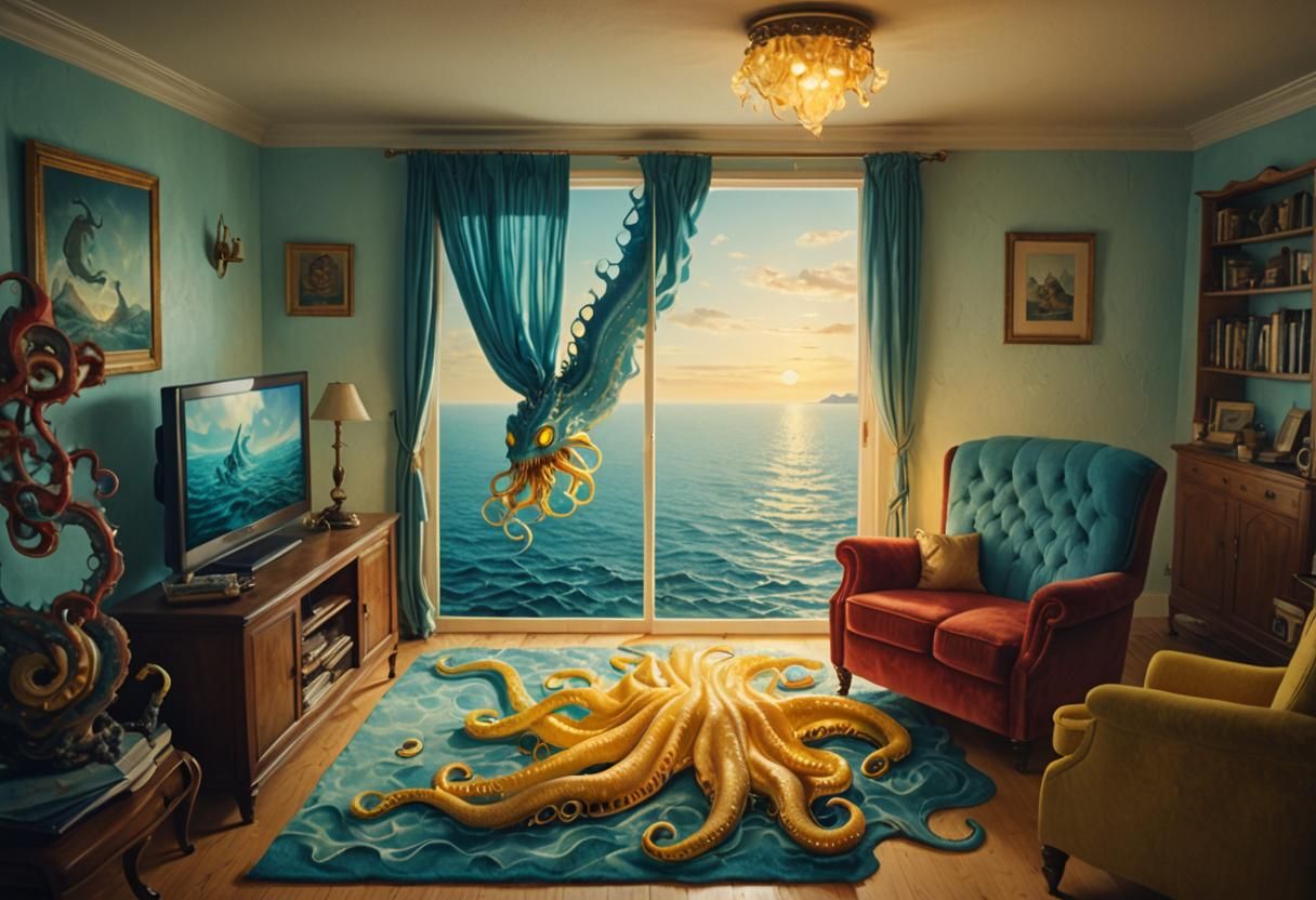 Surreal Sea Monster in Living Room, Bioluminescent