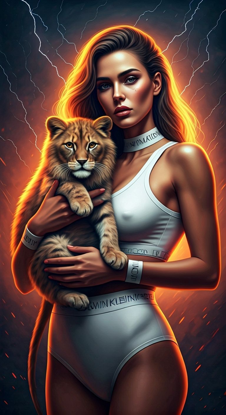 Lady with Lion Cat in Dramatic Lighting