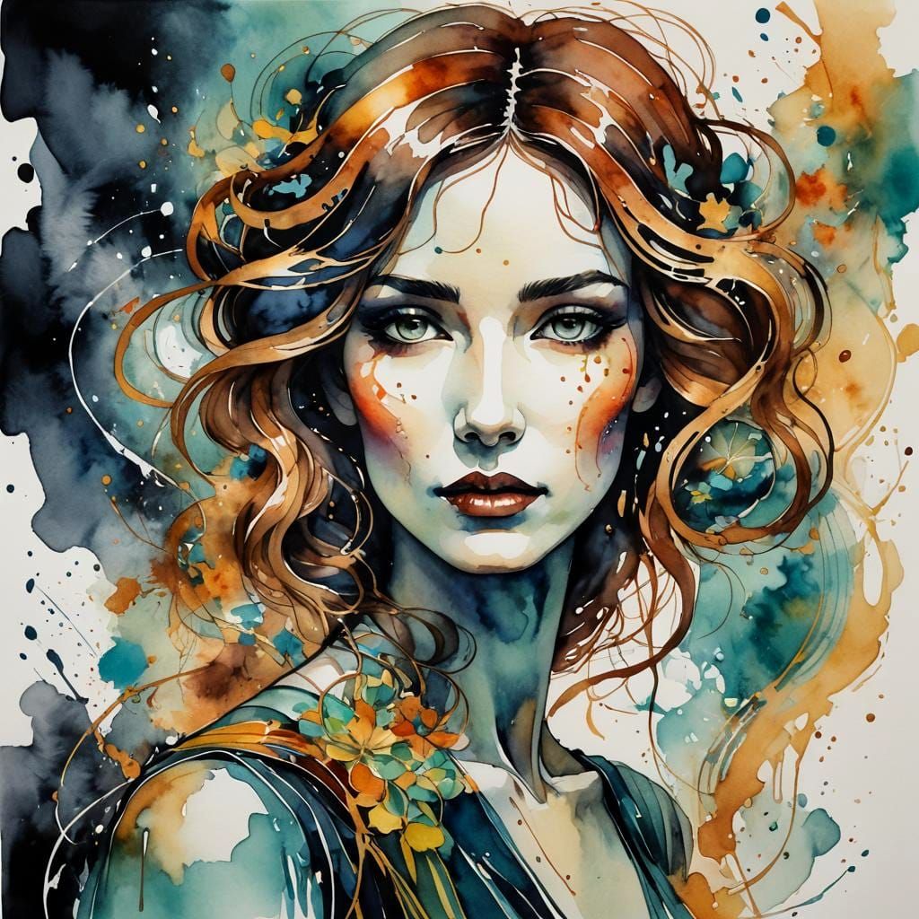 Elegant Art Nouveau Watercolor Woman Portrait