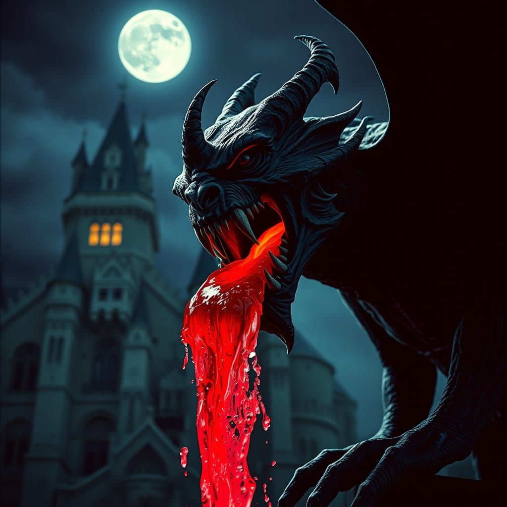 Grotesque Gargoyle Spewing Red Water in Cinematic Style