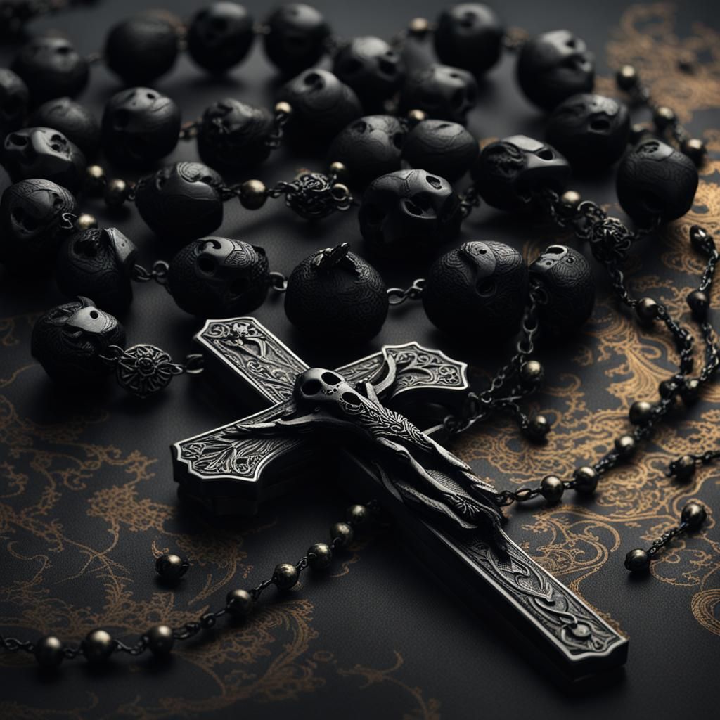 Raven Skull Rosary: Eerie Gothic Digital Art