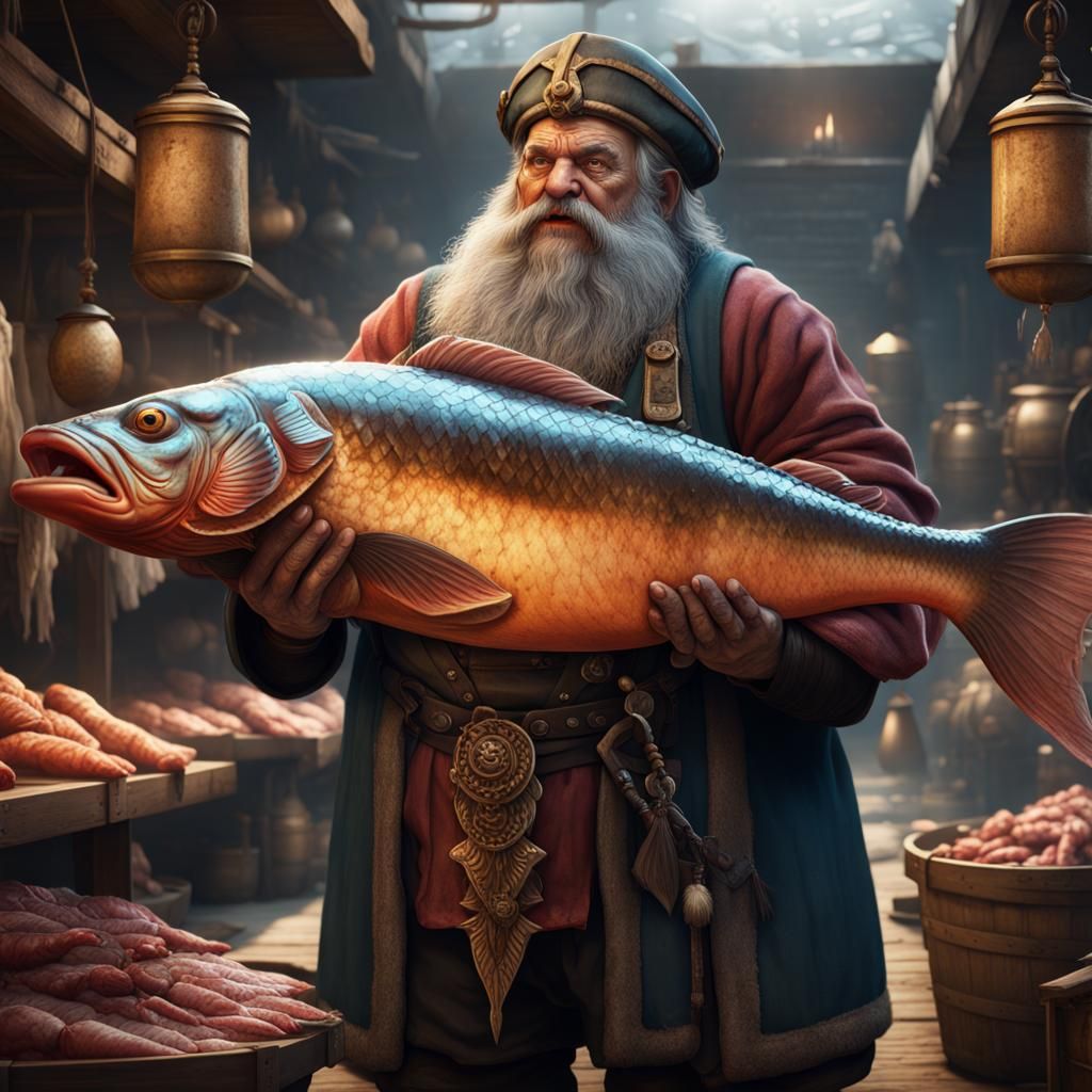 Dwarf Merchant Selling Giant Fish, Detailed Matte Painting