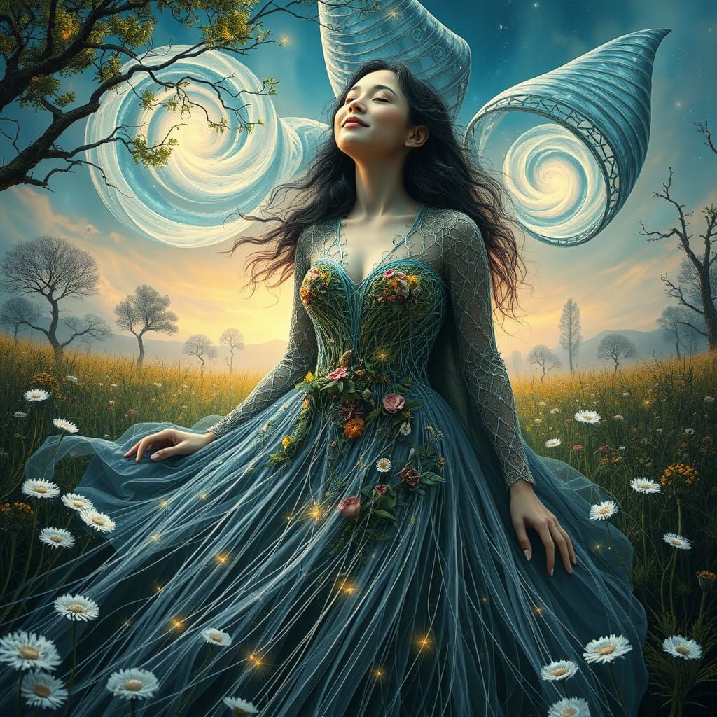 Filigree Woman in Bioluminescent Forest: Bio-Art