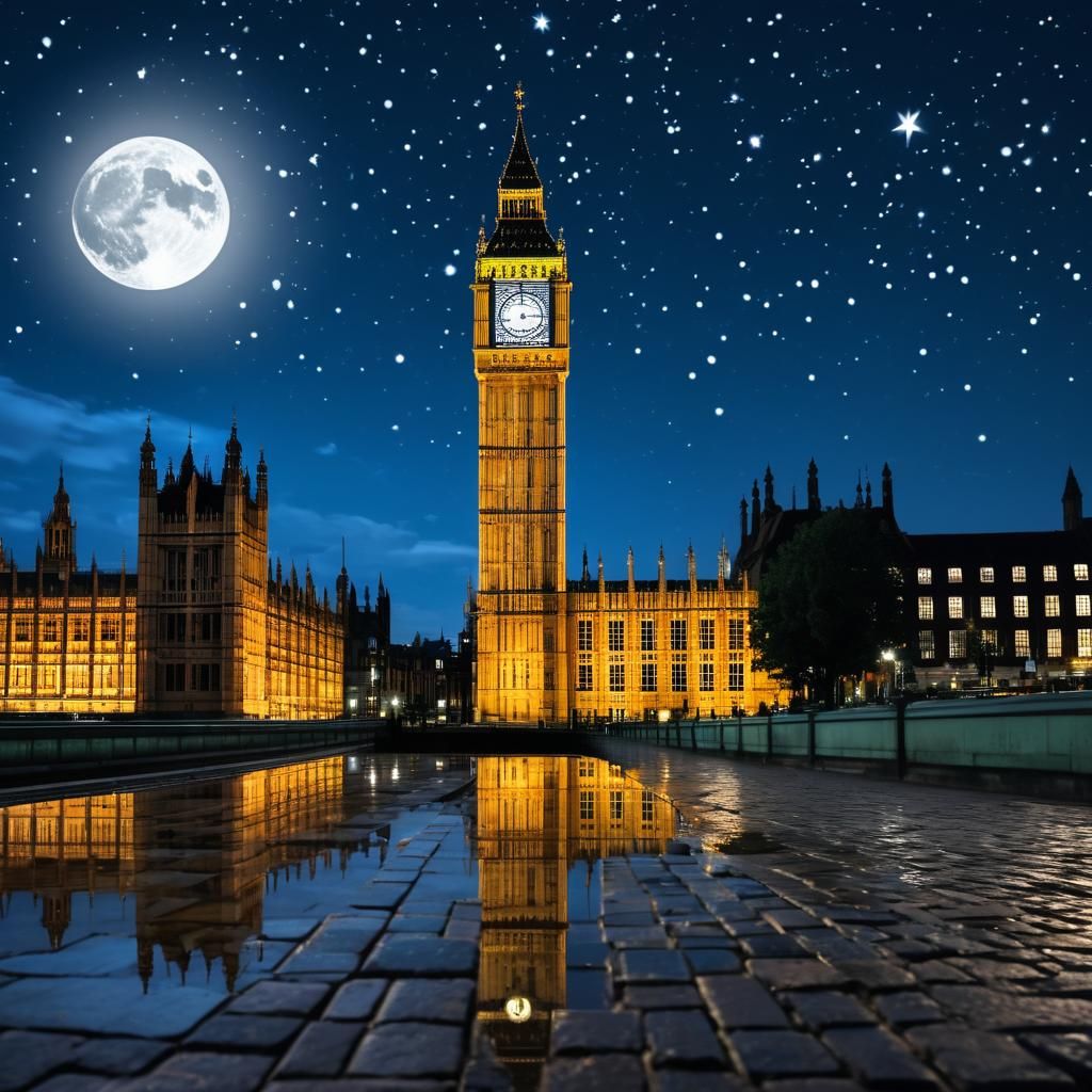 Big Ben Reflects Moon in London Nightscape