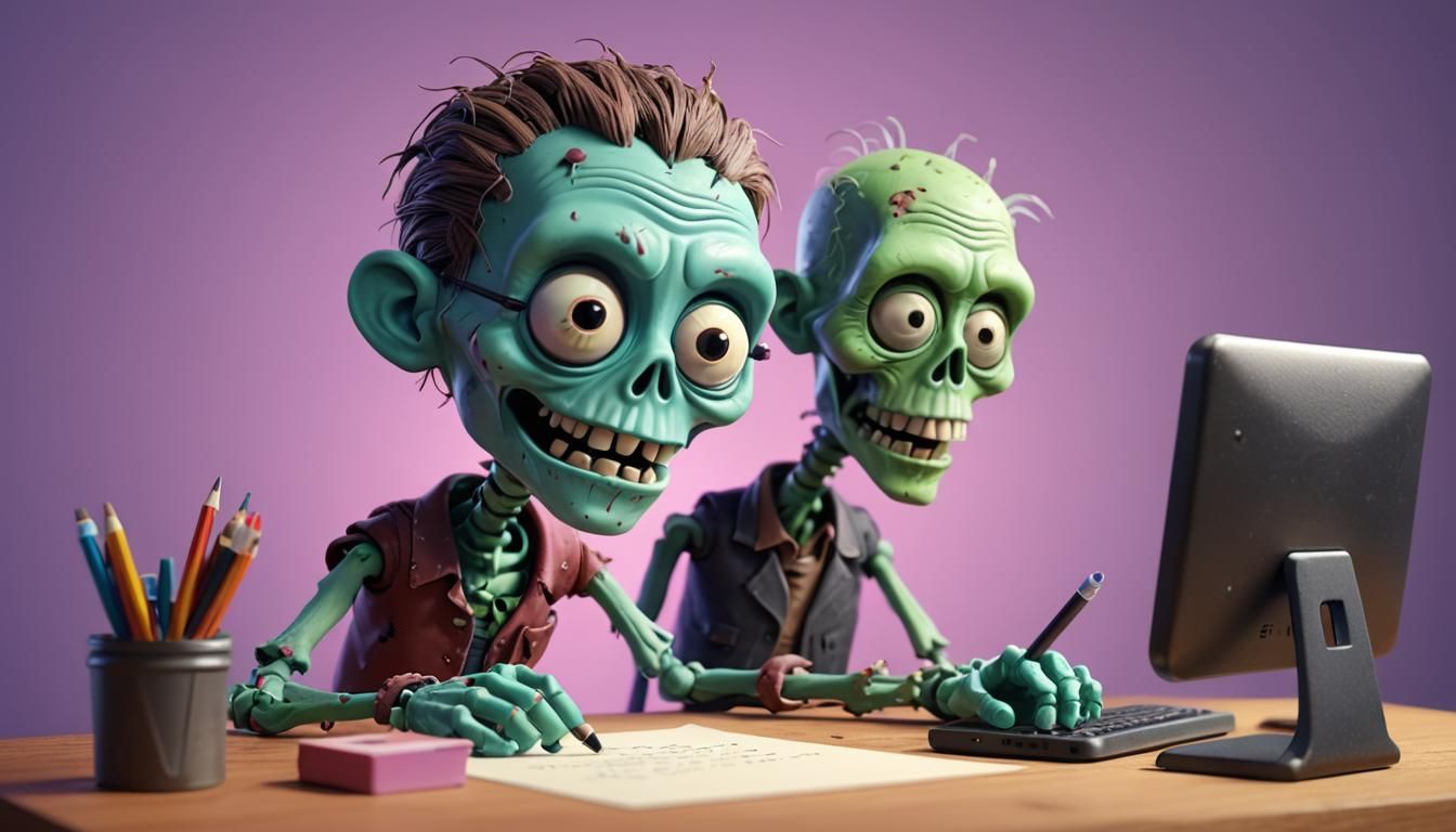 Toy Zombie Writes Email: Pixar-Style 3D Digital Art