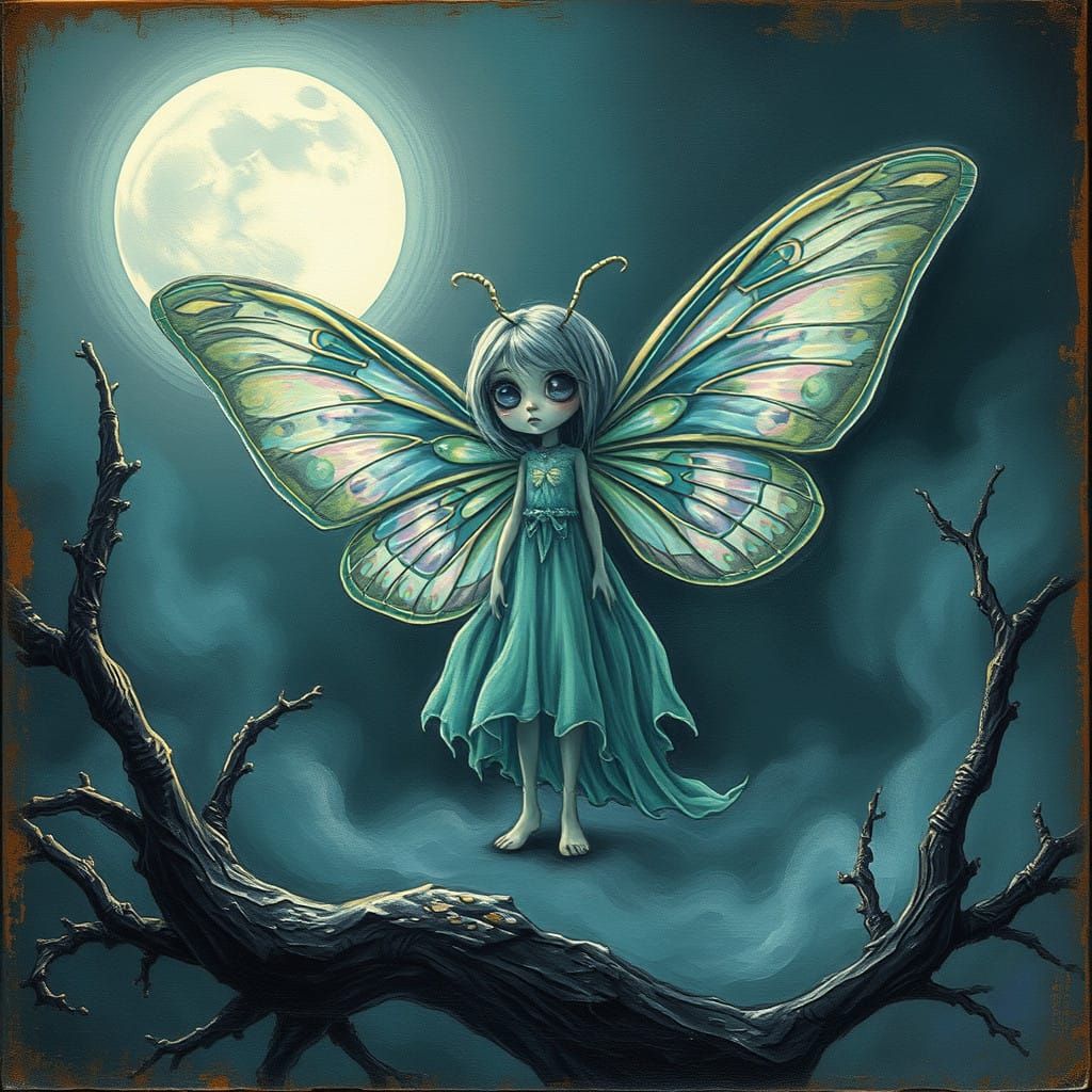 Haunting Fantasy: Ghostly Moth Girl Under Crystal Moonlight