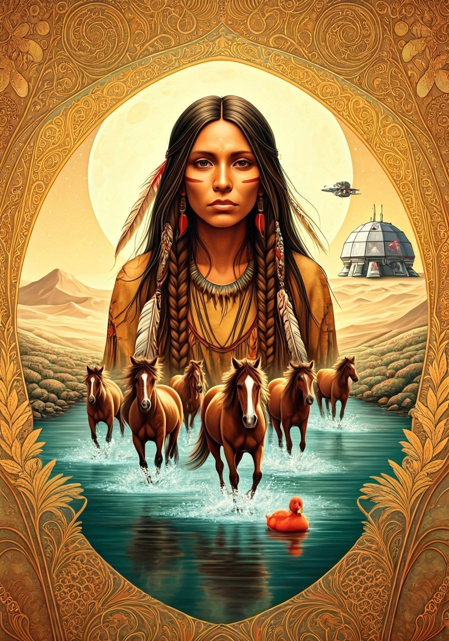 Native American Woman on Lunar Landscape in Surreal Style