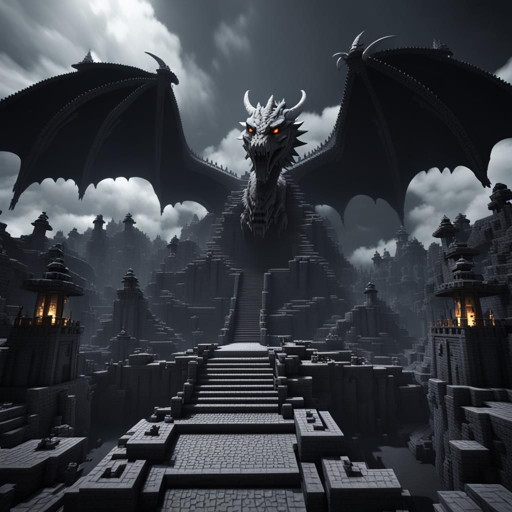Scary Minecraft Dragon in Storm: Black and White Matte Paint...