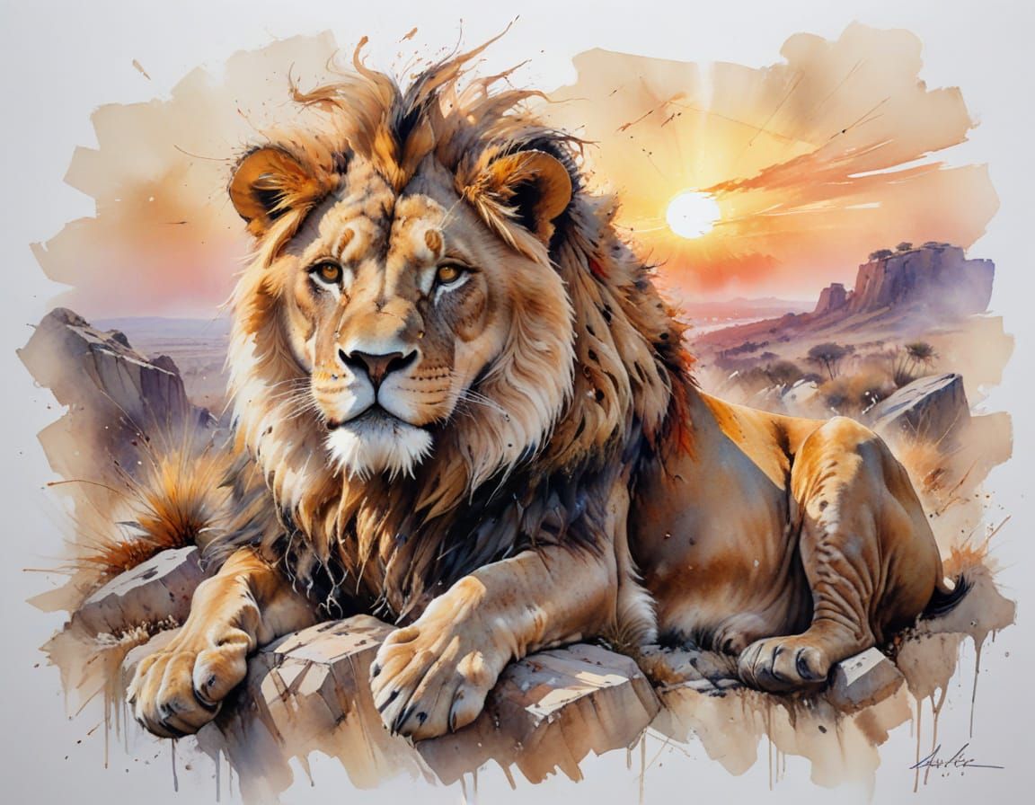 Majestic African Lion Resting at Hazy Sunset Kopje