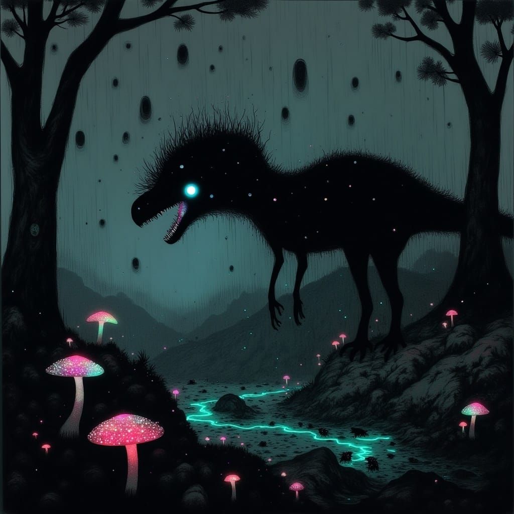 Dark Fantasy Raptor Hunts Under Neon-Glowing Forest