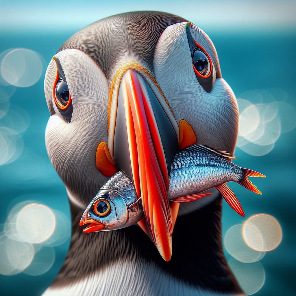 Vibrant Puffin Bites Silverfish in Hyper-Detailed Portrait