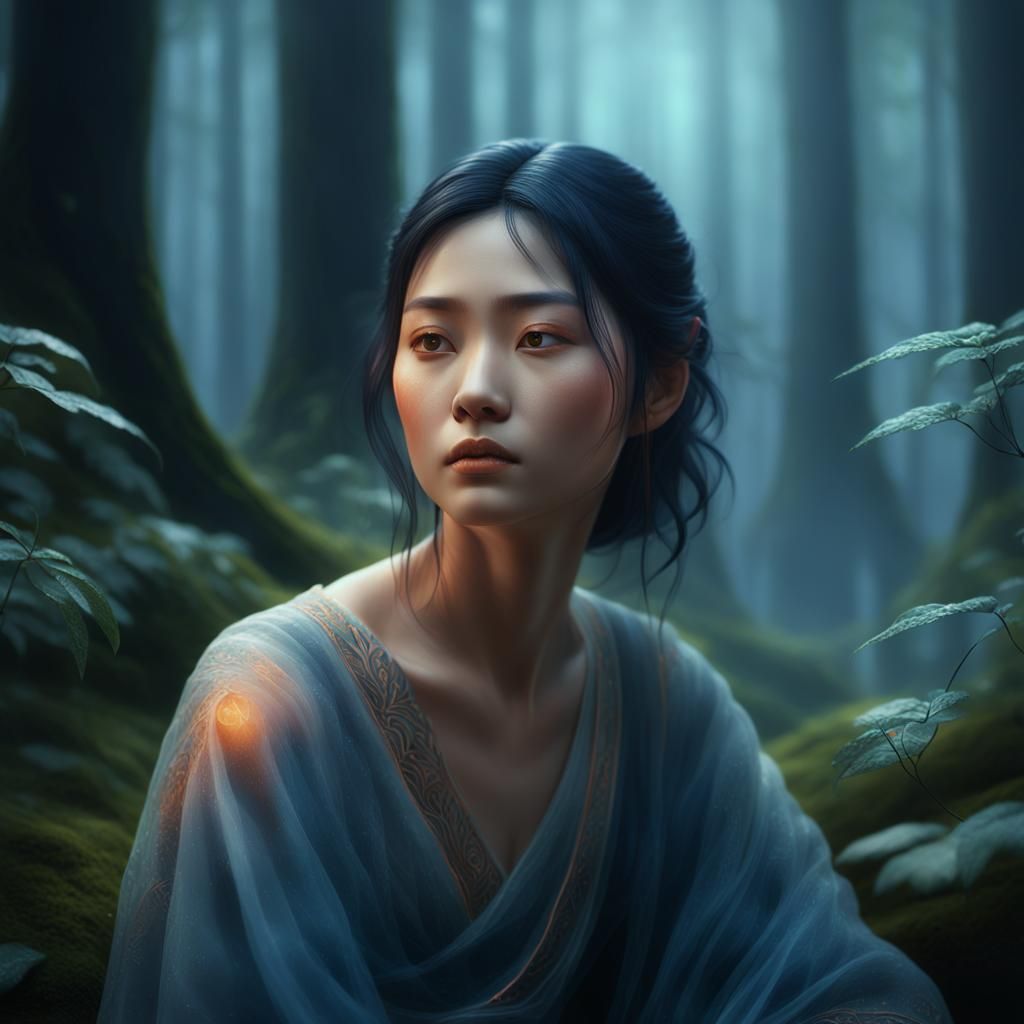 Asian Woman Portrait in Misty Forest, Matte Painting