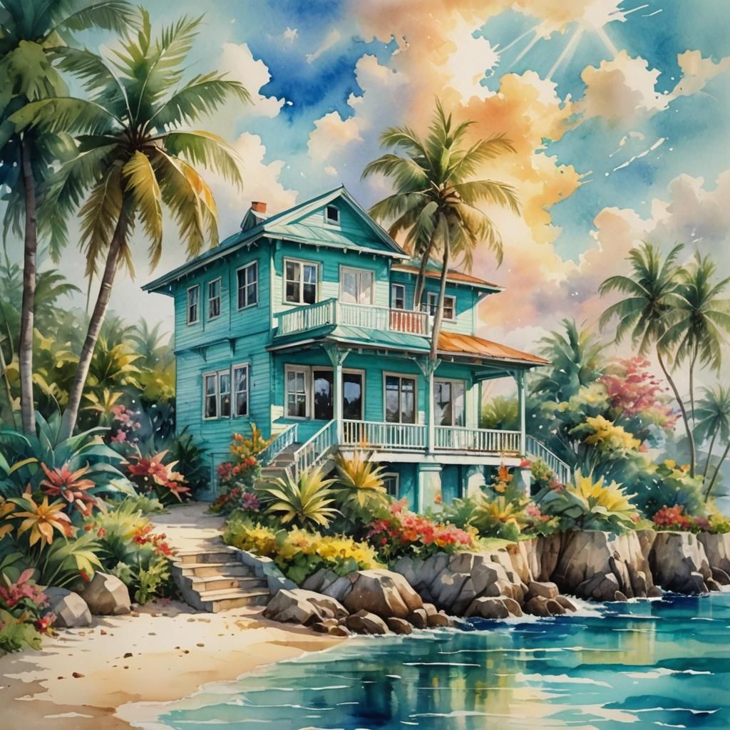 Watercolor Beach House in Tropical Paradise