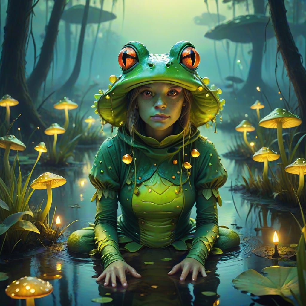 Woman in Frog Costume in Surreal Swamp