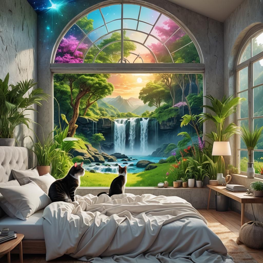 Bedroom with Cats, Waterfall View in Astral Style