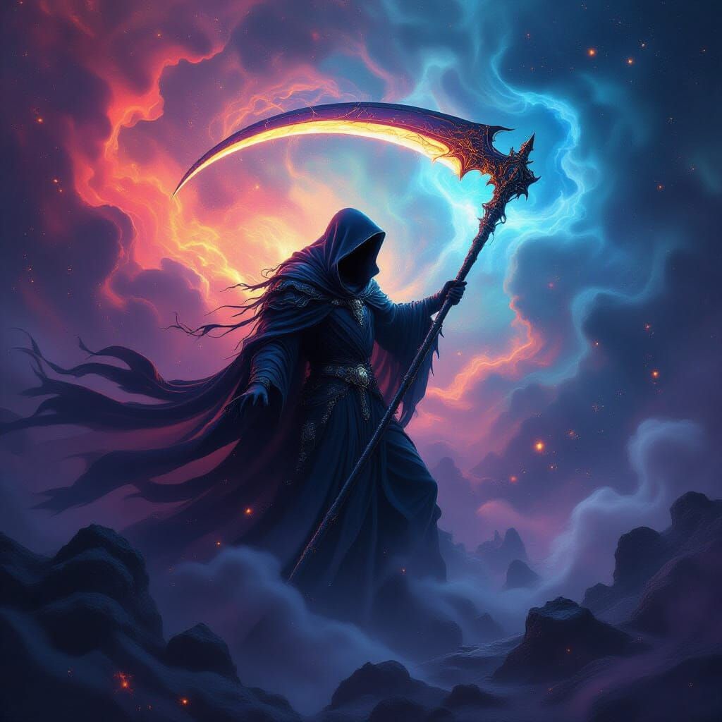 Cosmic Reaper Harvesting Souls with Magic Scythe