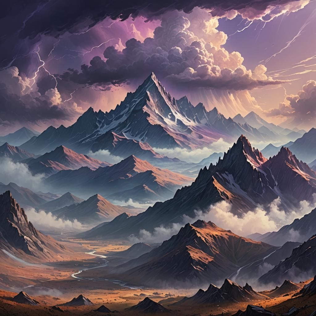 Misty Mountain Range Under Tempestuous Sky