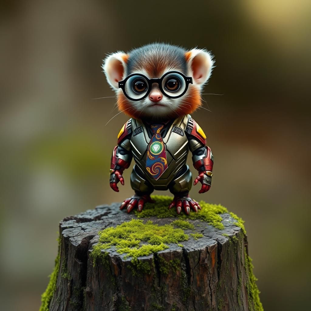 Furry Creature in Iron Man Suit on Mossy Stump