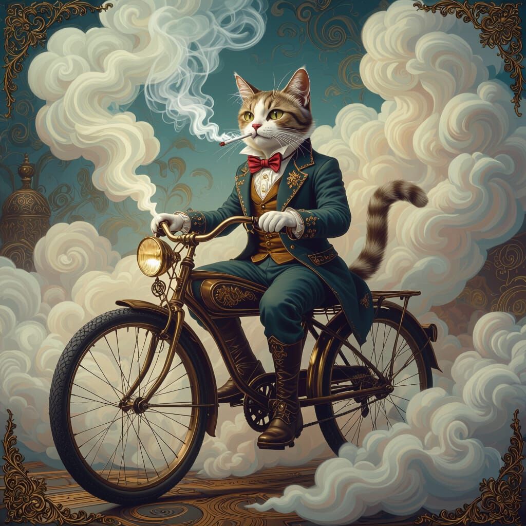 Whimsical Cat Smokes Cigarette on Antique Bicycle
