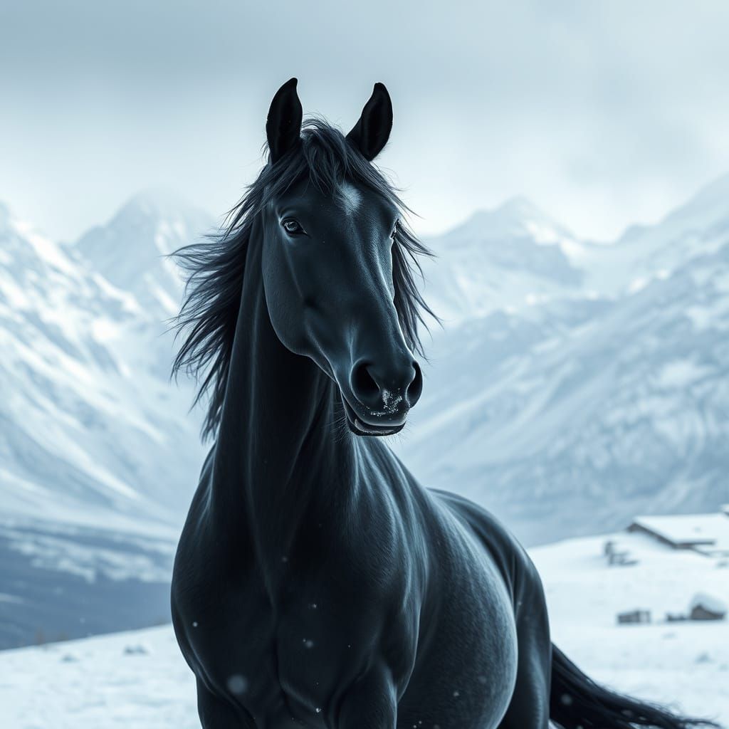 Ethereal Black Horse Amidst Snow-Capped Mountains in a Cinem...