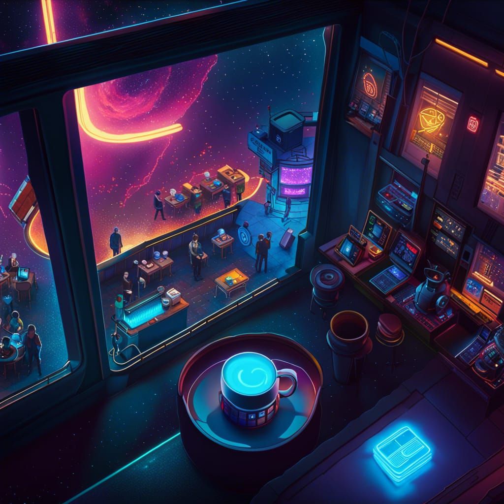 Cyberpunk Coffee Shop Amidst the Stars
