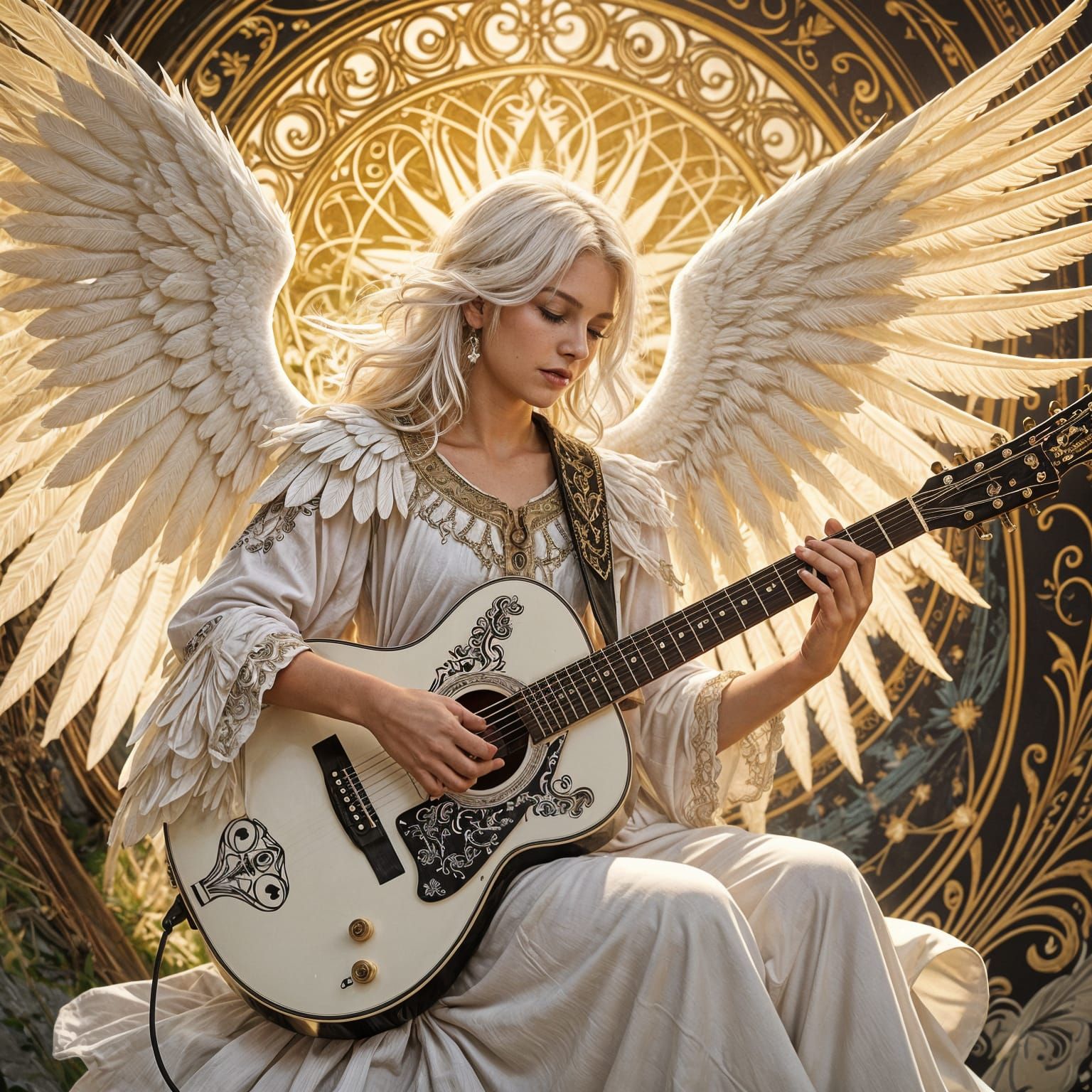 Angel Musician with Ornate Guitar and Golden Aura