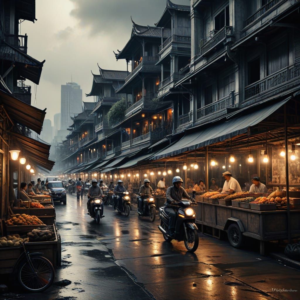 Moody Bangkok Street Scene in Old Masters Style Charcoal Dra...