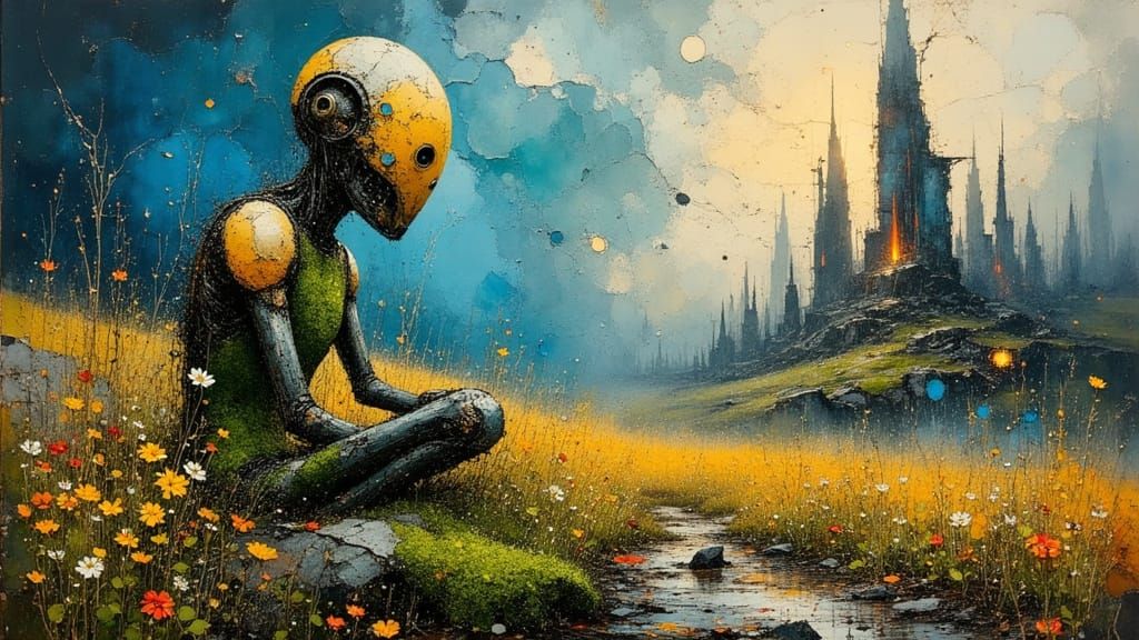 Android in Wildflowers Before Cyberpunk Ruins