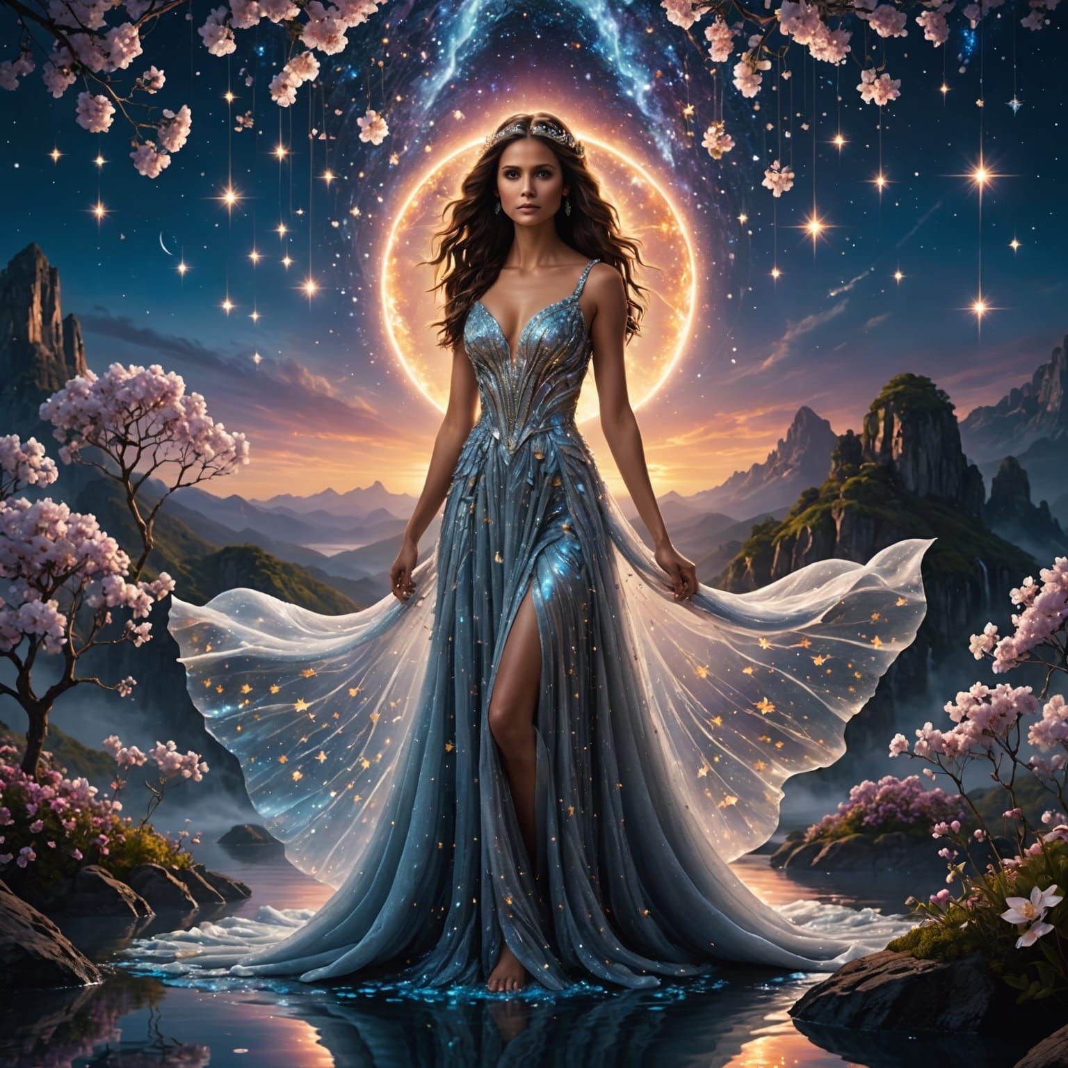 Ethereal Goddess in a Floating Island Sunset