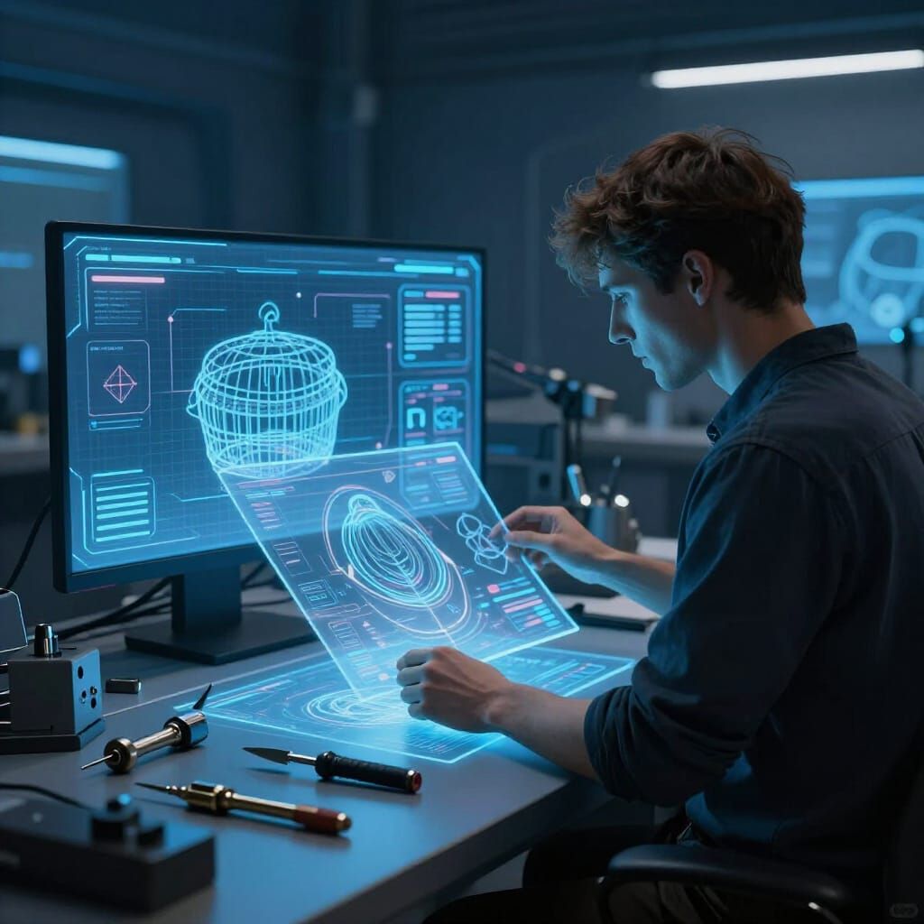 AI Holographic Designs in Futuristic Virtual Workshop