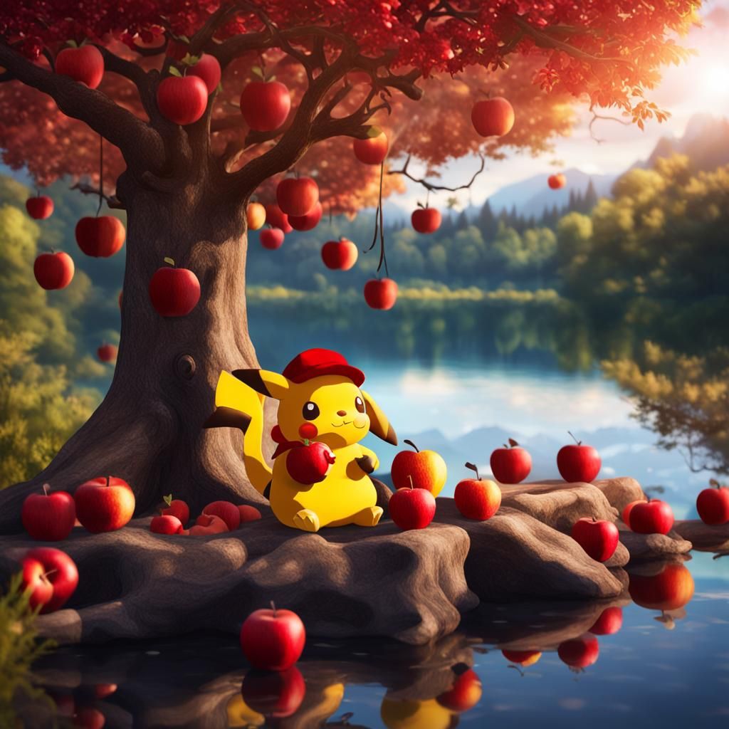 Raichu with Red Apple in Forest, Professional Photography