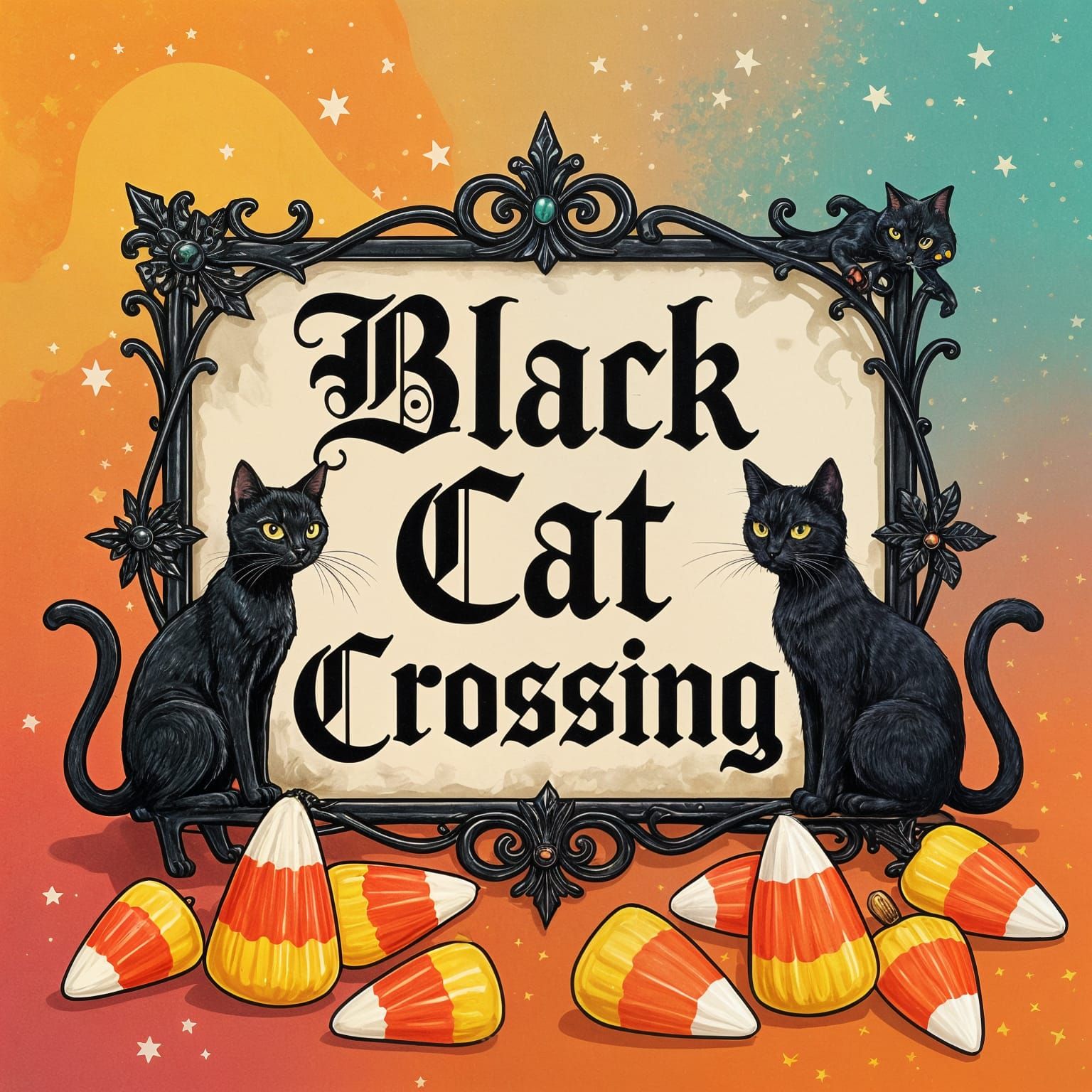 Black Cat Crossing Sign in Gothic Style