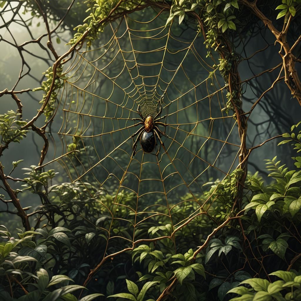 Golden Spider Web Matte Painting in Green Bush