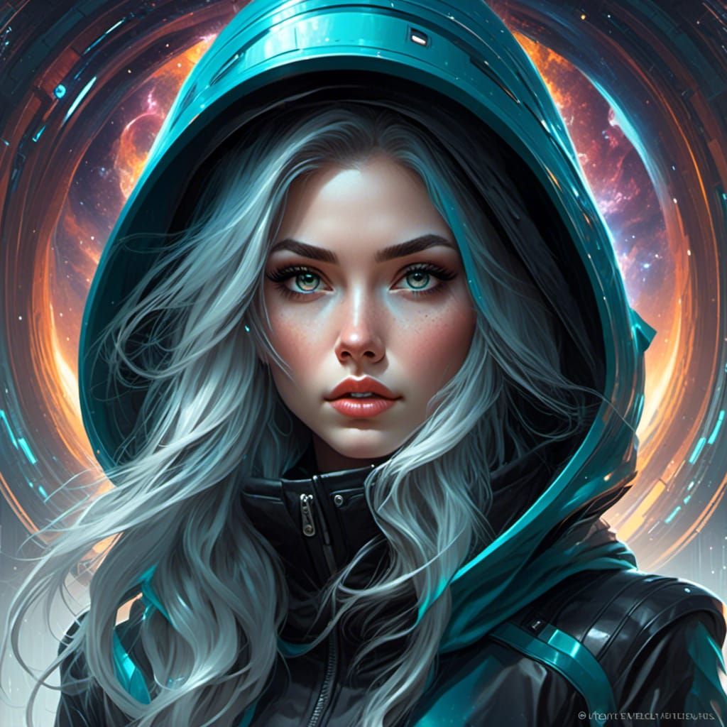 Hyperrealistic Woman Emerges from Cosmic Wormhole