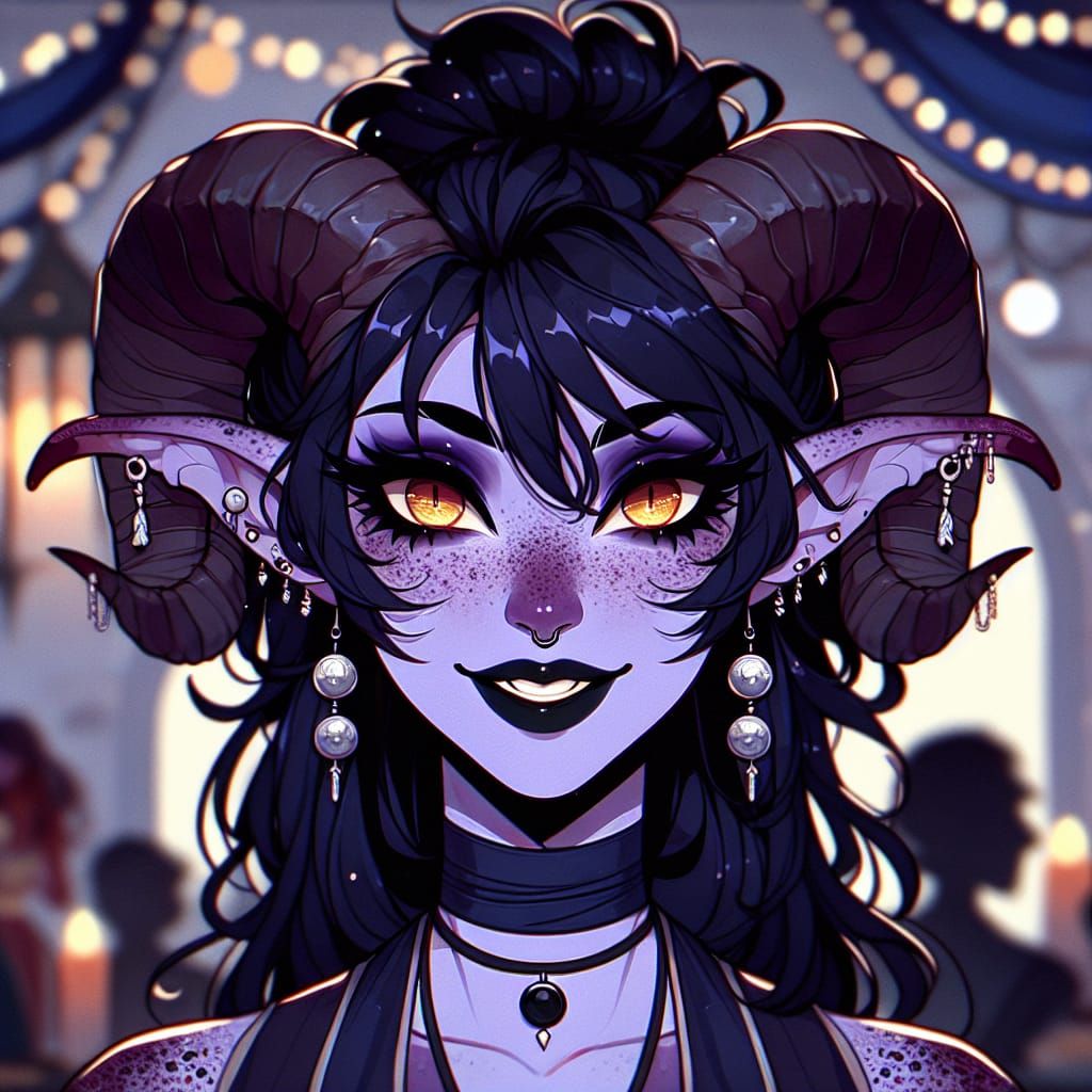 Tiefling Woman with Horns in Manga Style