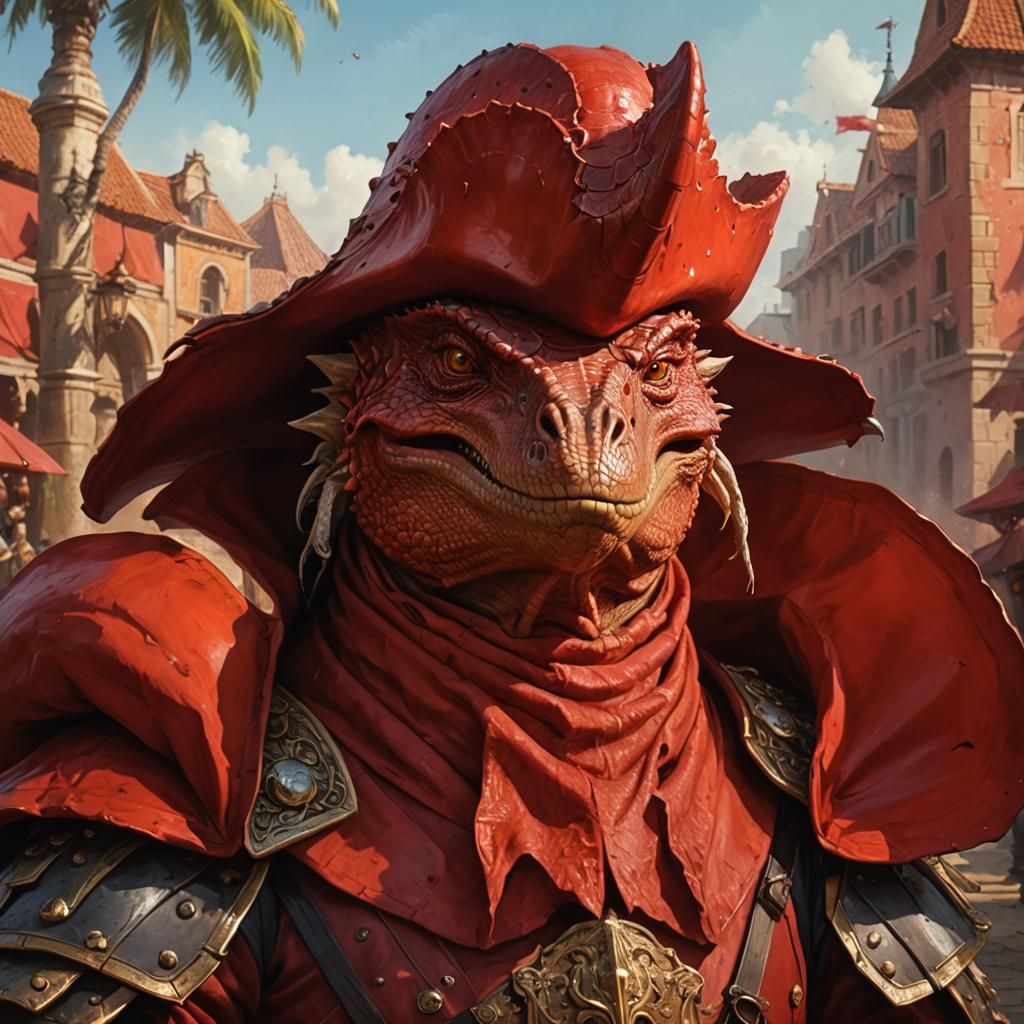 Red Lizardfolk in Tricorn Hat: Hyperrealistic Portrait